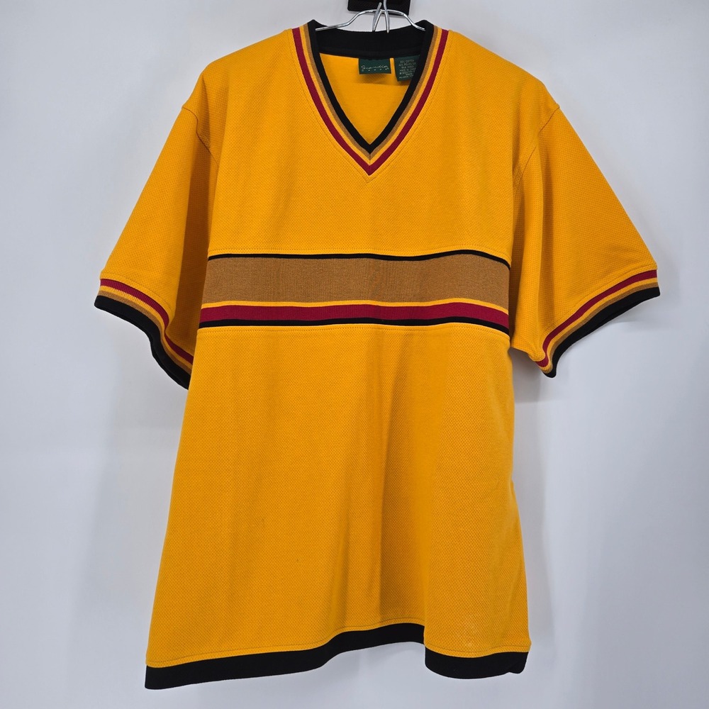 Vintage Scandia Woods Knit V Neck Shirt Mens Medium Yellow Mustard Striped 90s